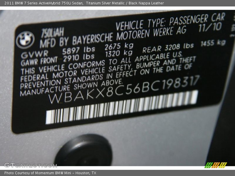Titanium Silver Metallic / Black Nappa Leather 2011 BMW 7 Series ActiveHybrid 750Li Sedan