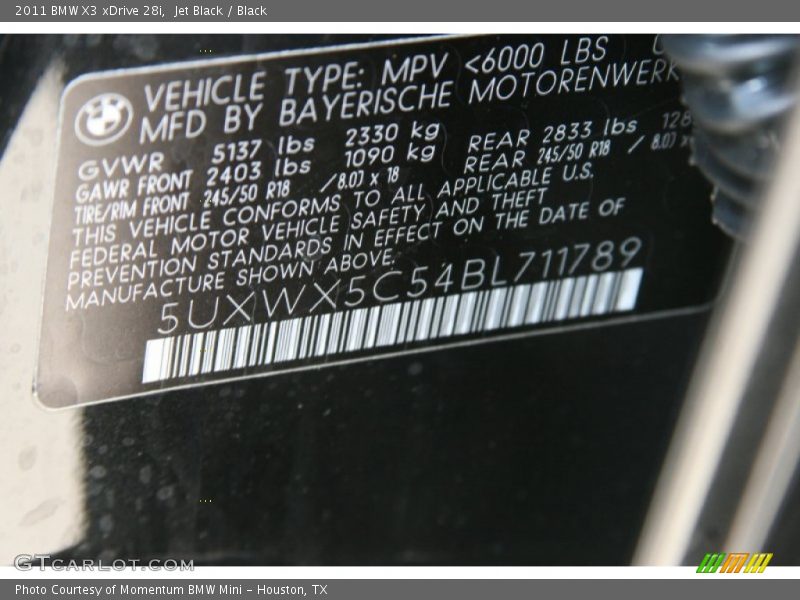 Jet Black / Black 2011 BMW X3 xDrive 28i