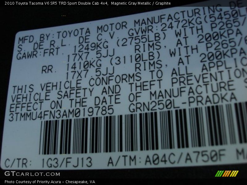 2010 Tacoma V6 SR5 TRD Sport Double Cab 4x4 Magnetic Gray Metallic Color Code 1G3