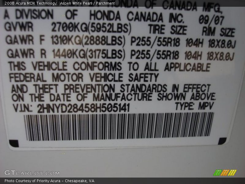 Aspen White Pearl / Parchment 2008 Acura MDX Technology
