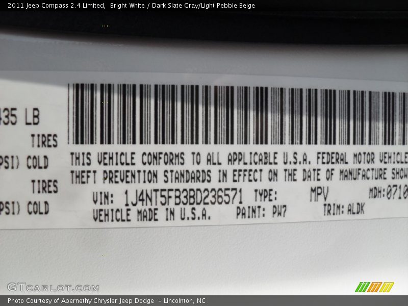 Bright White / Dark Slate Gray/Light Pebble Beige 2011 Jeep Compass 2.4 Limited