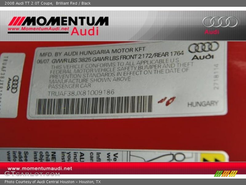 Brilliant Red / Black 2008 Audi TT 2.0T Coupe