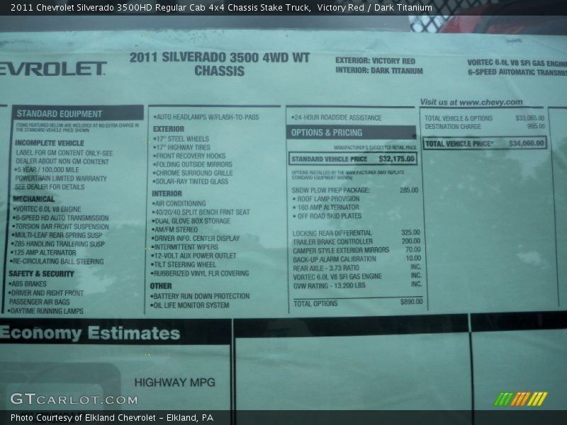  2011 Silverado 3500HD Regular Cab 4x4 Chassis Stake Truck Window Sticker