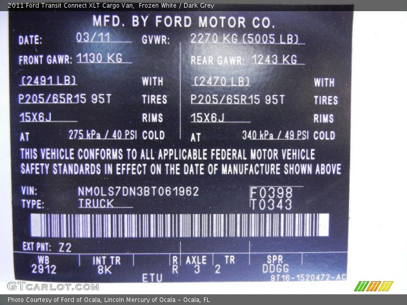 2011 Transit Connect XLT Cargo Van Frozen White Color Code Z2