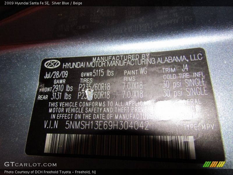 Silver Blue / Beige 2009 Hyundai Santa Fe SE