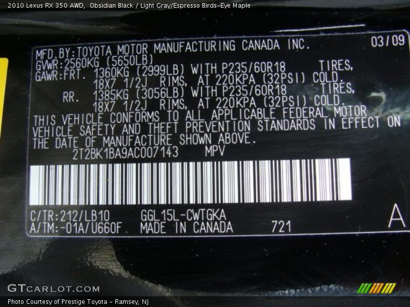 Obsidian Black / Light Gray/Espresso Birds-Eye Maple 2010 Lexus RX 350 AWD