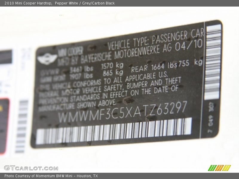 Pepper White / Grey/Carbon Black 2010 Mini Cooper Hardtop