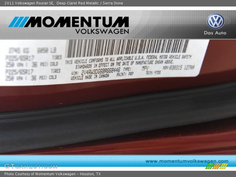 Deep Claret Red Metallic / Sierra Stone 2011 Volkswagen Routan SE