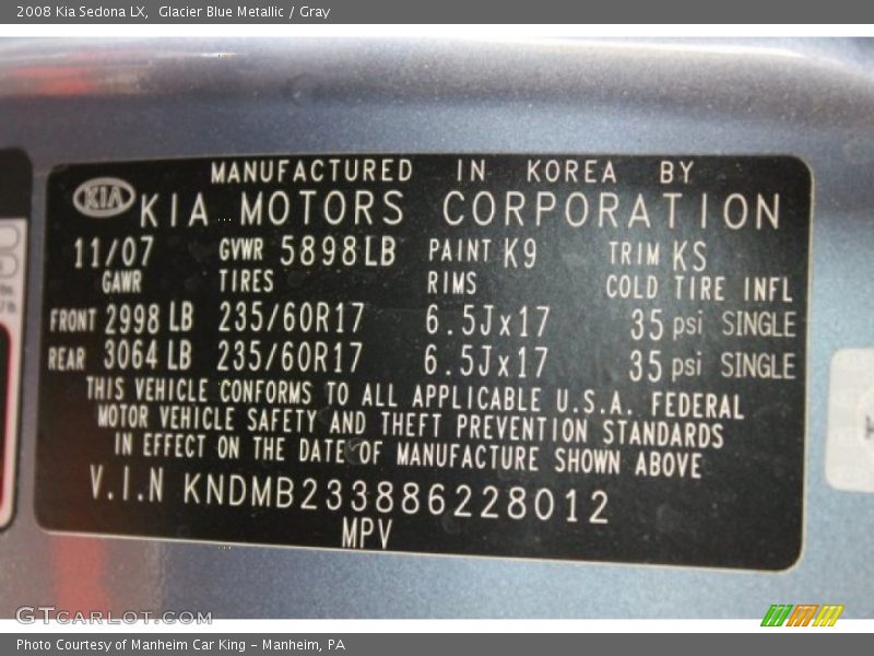 Glacier Blue Metallic / Gray 2008 Kia Sedona LX