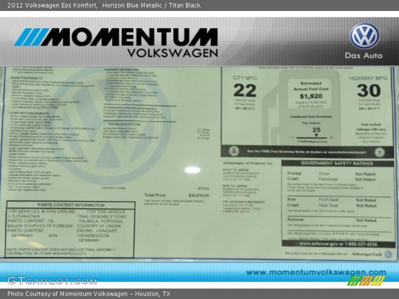 Horizon Blue Metallic / Titan Black 2012 Volkswagen Eos Komfort