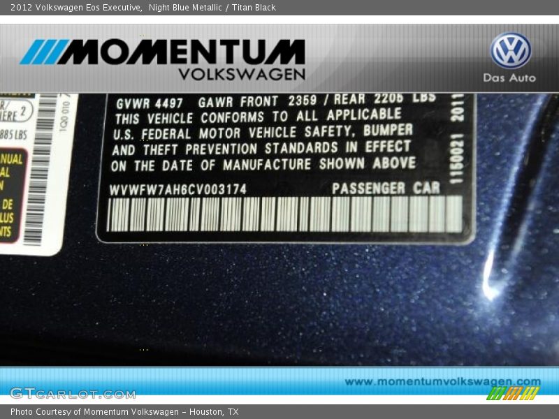 Night Blue Metallic / Titan Black 2012 Volkswagen Eos Executive