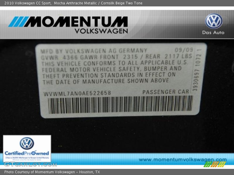 Mocha Anthracite Metallic / Cornsilk Beige Two Tone 2010 Volkswagen CC Sport