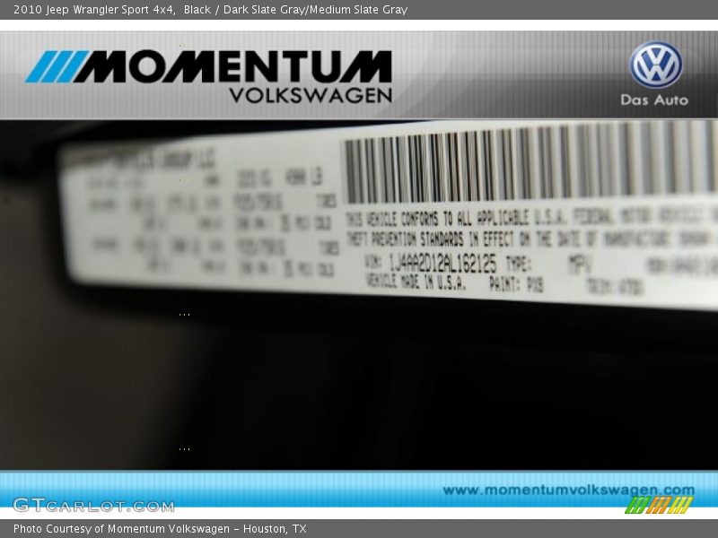 Black / Dark Slate Gray/Medium Slate Gray 2010 Jeep Wrangler Sport 4x4