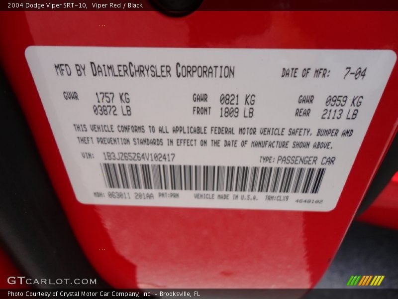 Info Tag of 2004 Viper SRT-10