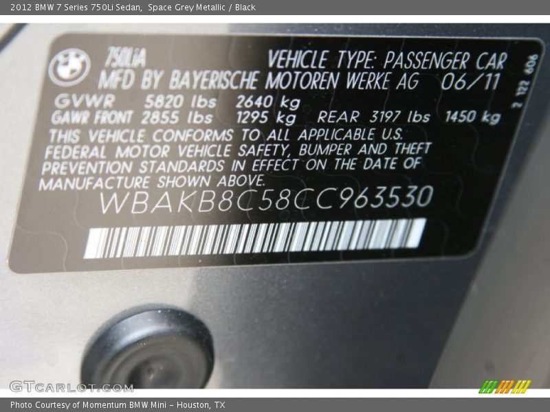 Space Grey Metallic / Black 2012 BMW 7 Series 750Li Sedan