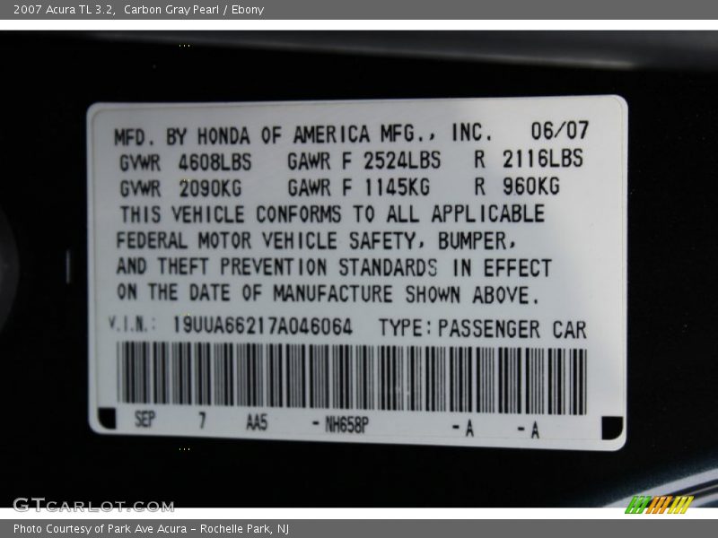 Carbon Gray Pearl / Ebony 2007 Acura TL 3.2