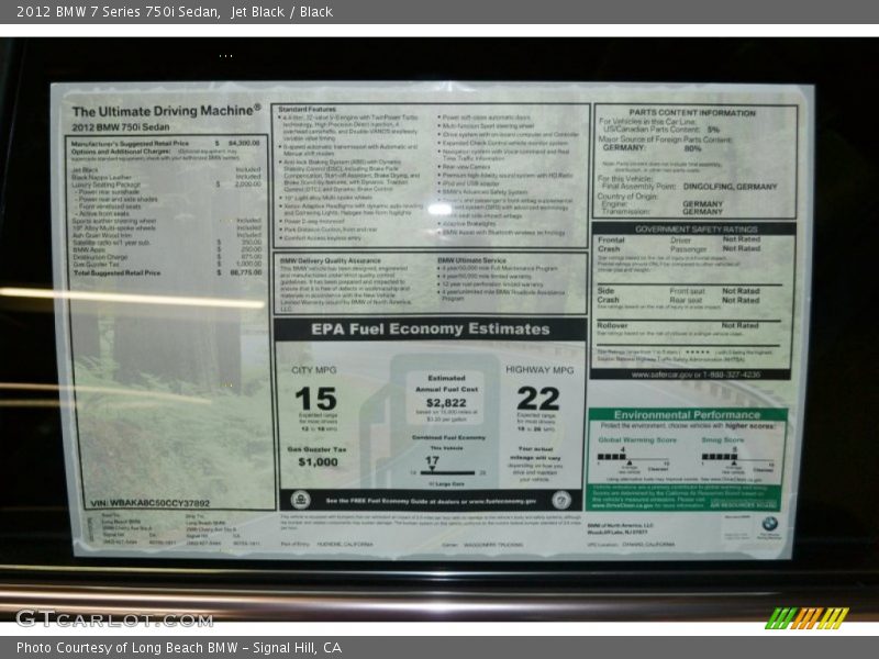  2012 7 Series 750i Sedan Window Sticker