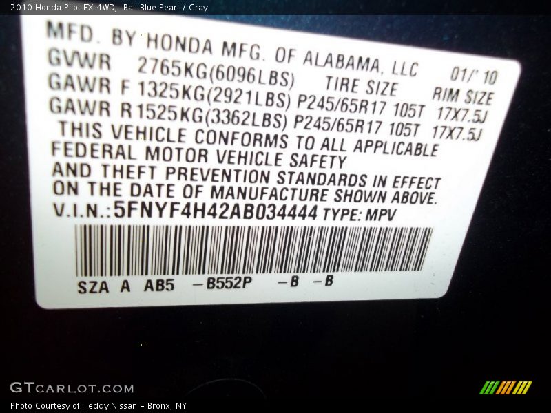 Bali Blue Pearl / Gray 2010 Honda Pilot EX 4WD