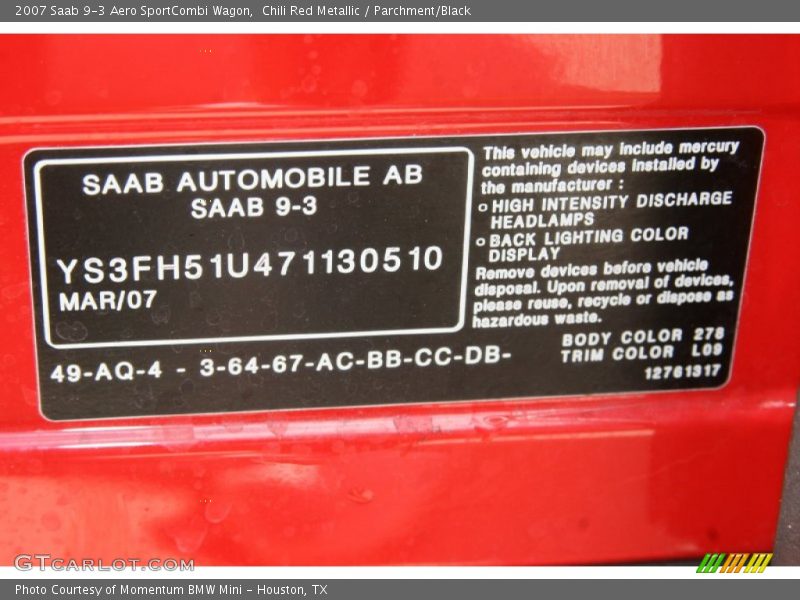 2007 9-3 Aero SportCombi Wagon Chili Red Metallic Color Code 278