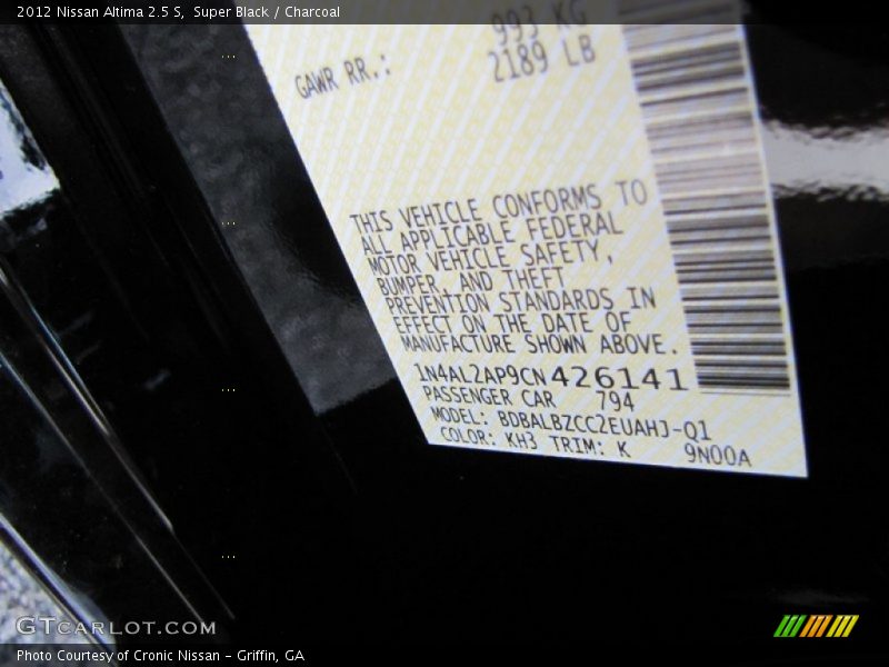 2012 Altima 2.5 S Super Black Color Code KH3