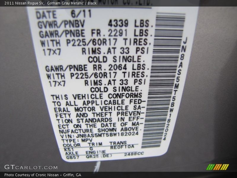 Gotham Gray Metallic / Black 2011 Nissan Rogue SV