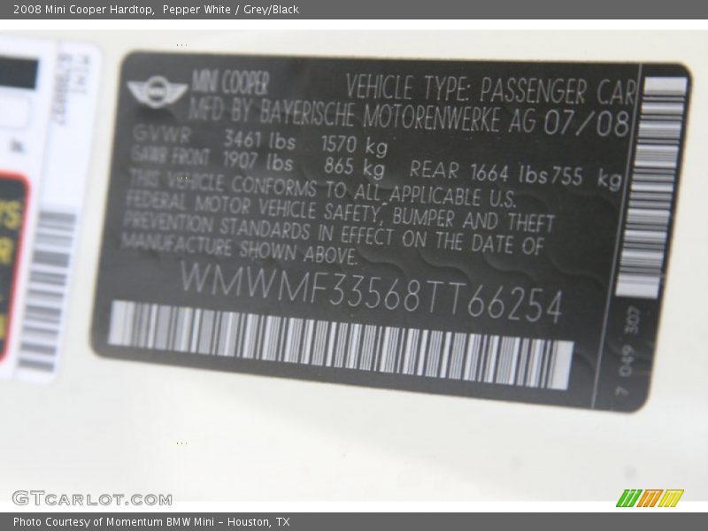 Pepper White / Grey/Black 2008 Mini Cooper Hardtop