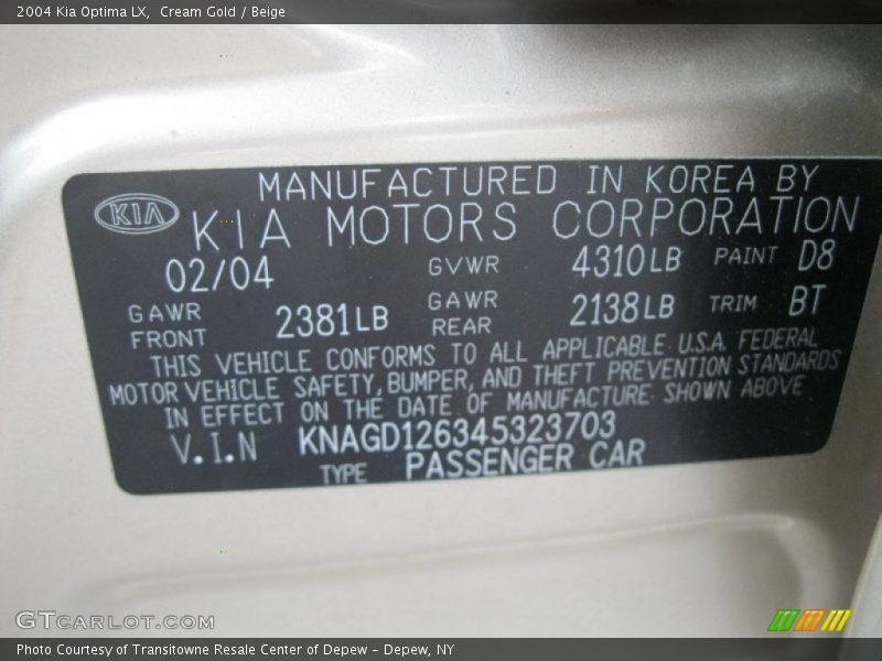Cream Gold / Beige 2004 Kia Optima LX