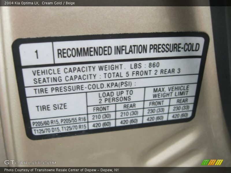 Cream Gold / Beige 2004 Kia Optima LX