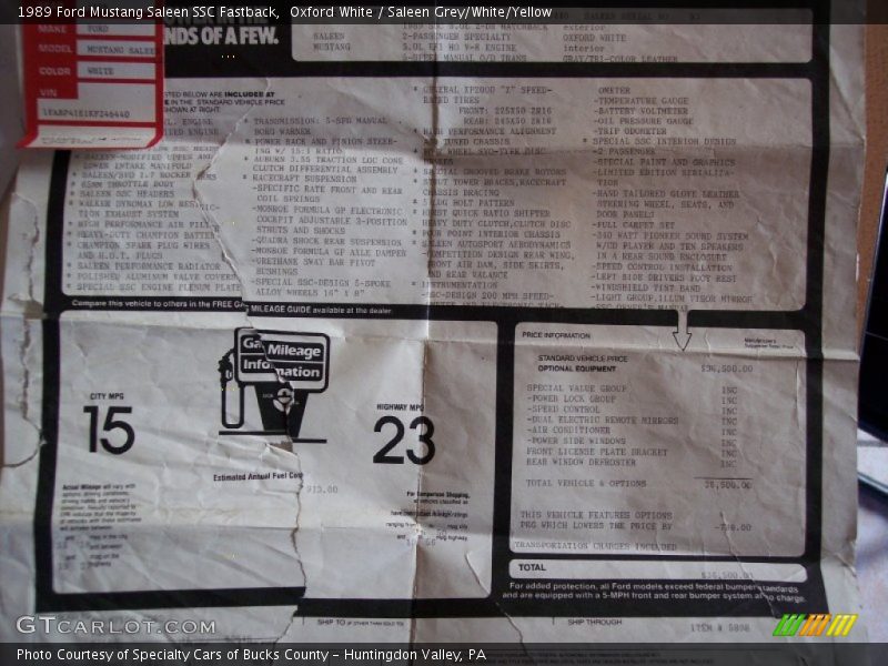  1989 Mustang Saleen SSC Fastback Window Sticker