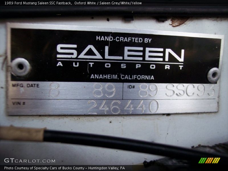 Info Tag of 1989 Mustang Saleen SSC Fastback