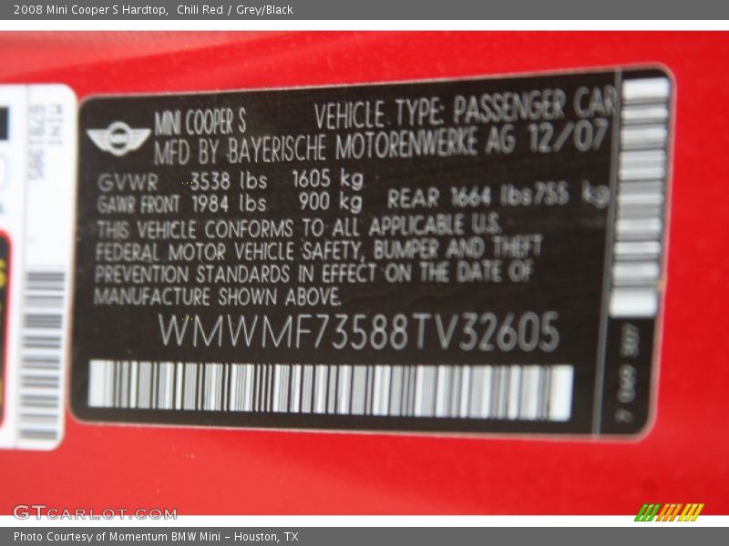 Chili Red / Grey/Black 2008 Mini Cooper S Hardtop