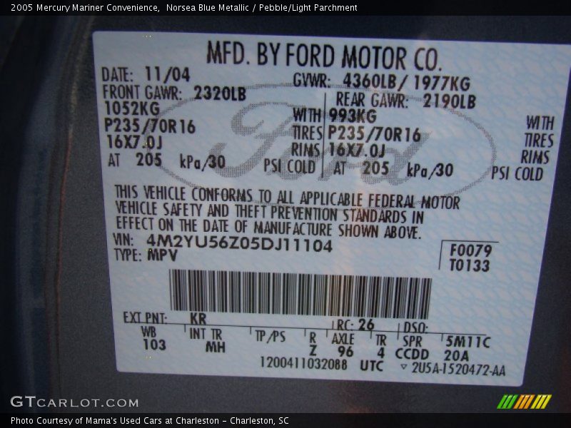 2005 Mariner Convenience Norsea Blue Metallic Color Code KR