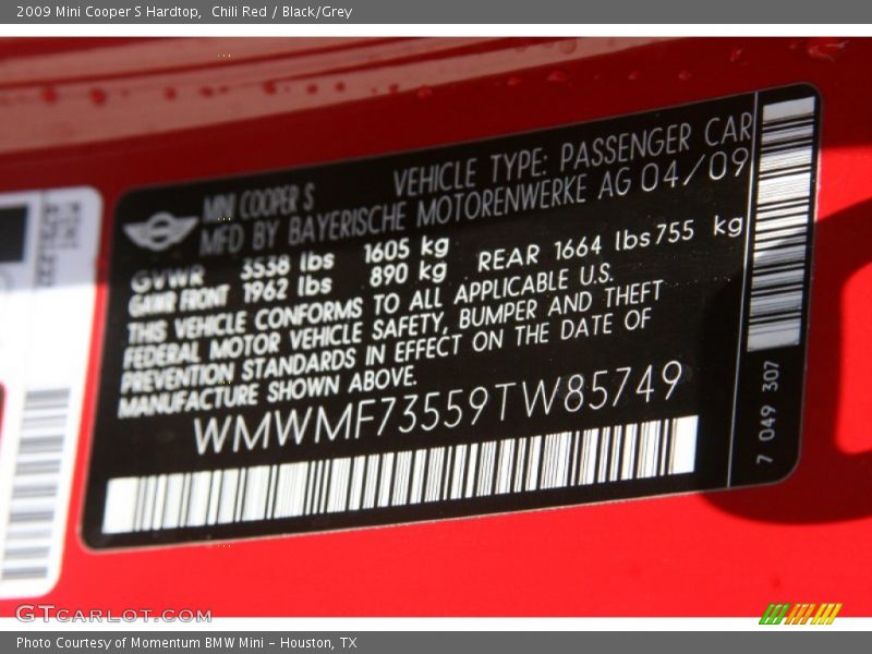 Chili Red / Black/Grey 2009 Mini Cooper S Hardtop