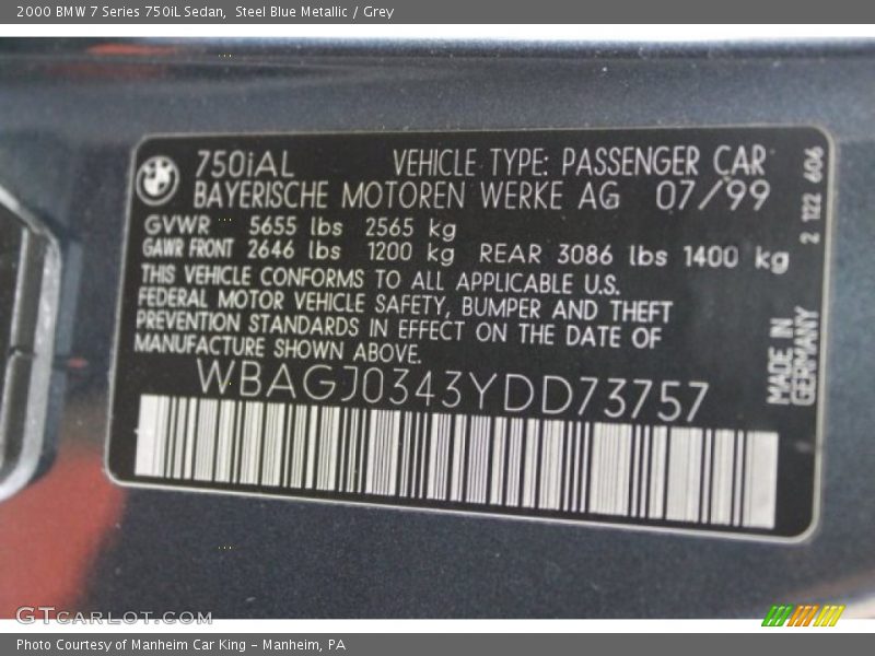 Info Tag of 2000 7 Series 750iL Sedan
