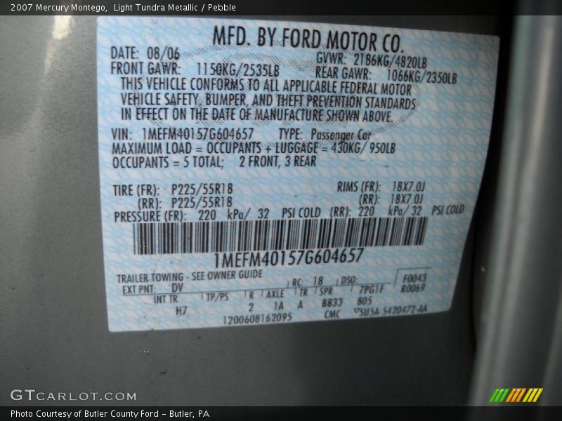 2007 Montego  Light Tundra Metallic Color Code DV