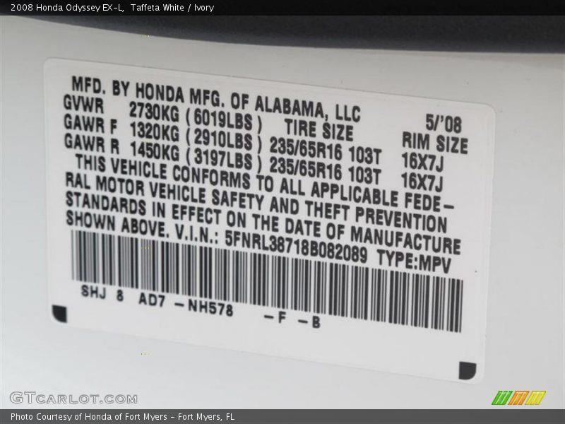 Taffeta White / Ivory 2008 Honda Odyssey EX-L