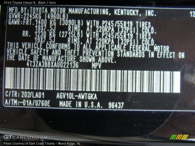 Black / Ivory 2010 Toyota Venza I4