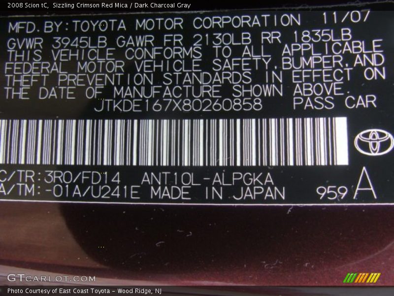 Sizzling Crimson Red Mica / Dark Charcoal Gray 2008 Scion tC