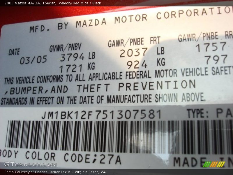 Velocity Red Mica / Black 2005 Mazda MAZDA3 i Sedan
