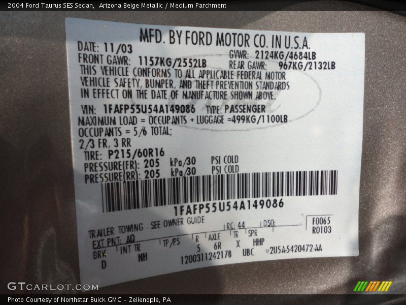 2004 Taurus SES Sedan Arizona Beige Metallic Color Code AQ