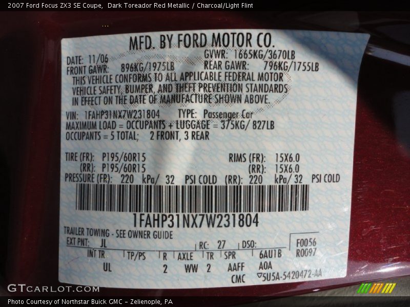2007 Focus ZX3 SE Coupe Dark Toreador Red Metallic Color Code JL