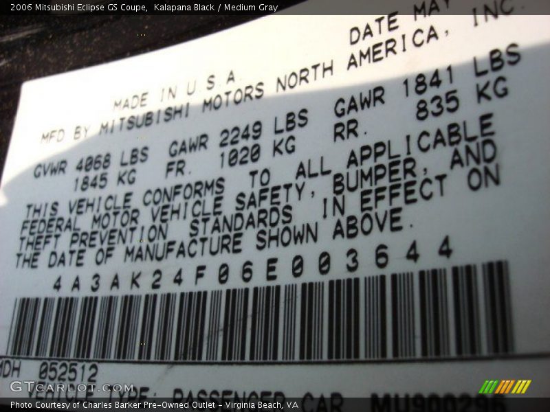 Kalapana Black / Medium Gray 2006 Mitsubishi Eclipse GS Coupe
