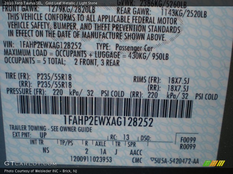 Gold Leaf Metallic / Light Stone 2010 Ford Taurus SEL