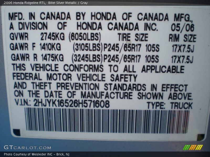 Billet Silver Metallic / Gray 2006 Honda Ridgeline RTL