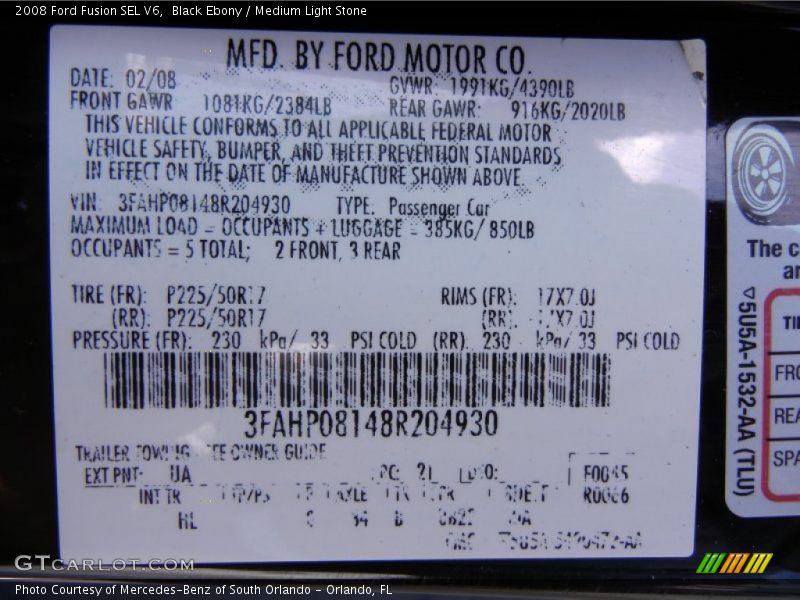 Black Ebony / Medium Light Stone 2008 Ford Fusion SEL V6