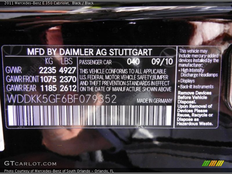 Black / Black 2011 Mercedes-Benz E 350 Cabriolet
