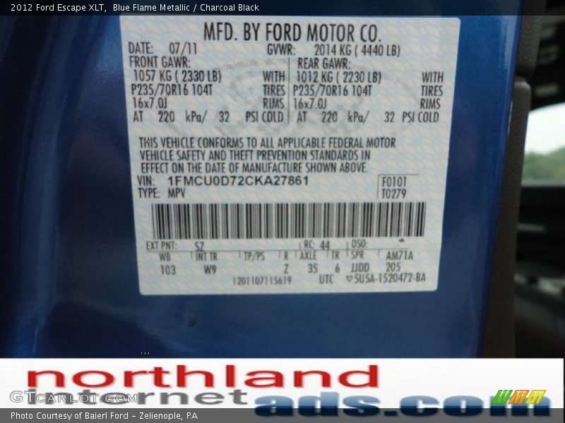 Blue Flame Metallic / Charcoal Black 2012 Ford Escape XLT