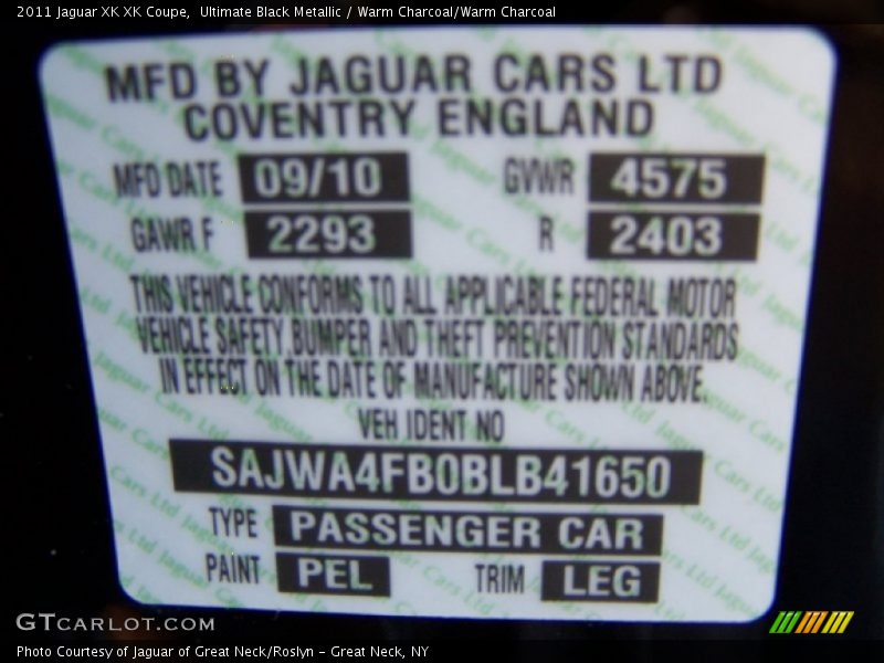 2011 XK XK Coupe Ultimate Black Metallic Color Code PEL