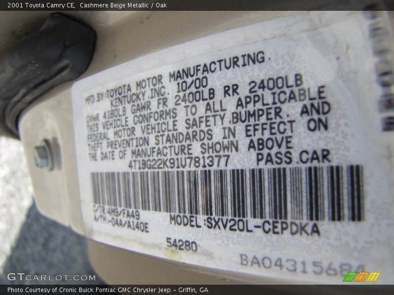 Cashmere Beige Metallic / Oak 2001 Toyota Camry CE