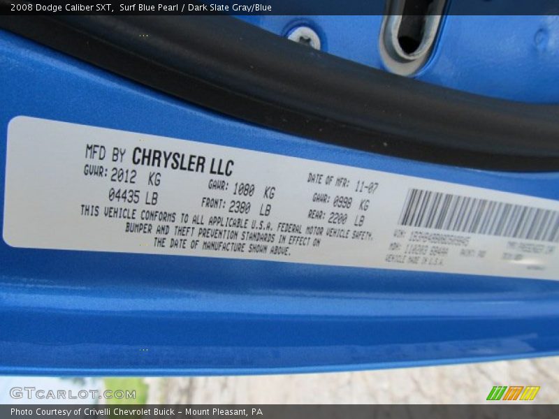 2008 Caliber SXT Surf Blue Pearl Color Code PQD